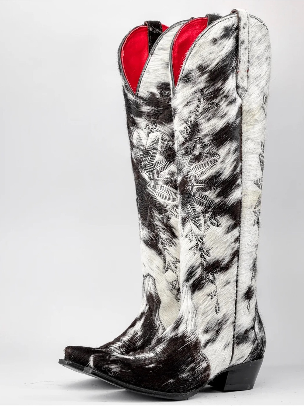 Western Haircalf Knee-High Boots in Black & White with Red Lining